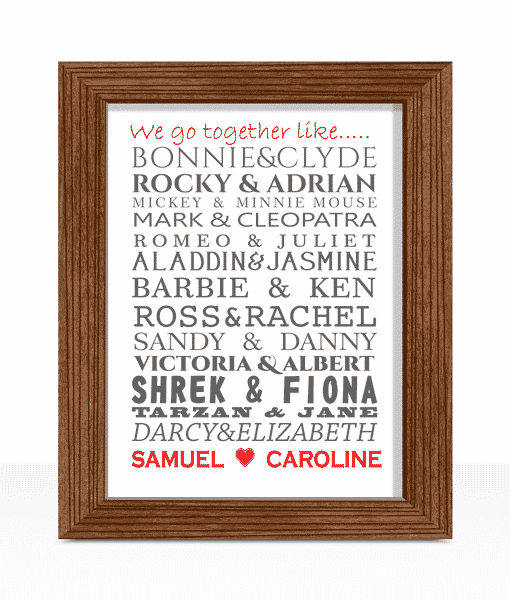 Famous Couples Word Art Print – Celebrate a Love Story Engagement Gifts