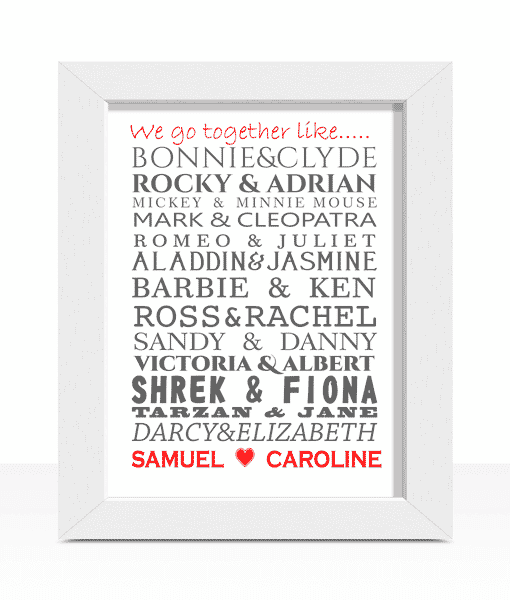 Famous Couples Word Art Print – Celebrate a Love Story Engagement Gifts