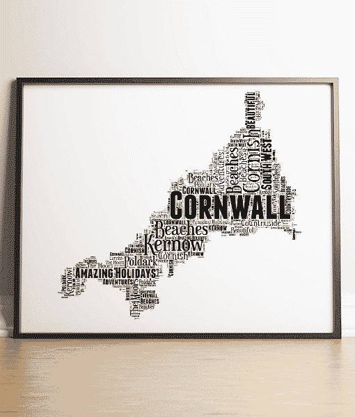 Personalised Cornwall Word Art Map Picture Print Maps