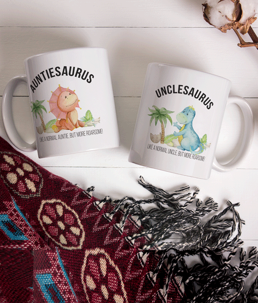 Pair of Personalised Auntie and Uncle Gift Mugs – Auntiesaurus and Unclesaurus Auntie